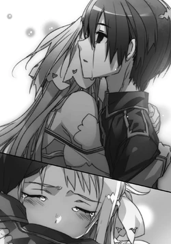 Black and white illustration from the "Sword Art Online" light novel showing an emotional hug between Kirito and Asuna. Kirito, with a serious expression, embraces Asuna tightly, while Asuna clings to him with tears in her eyes, looking visibly distressed. The scene captures a moment of deep emotional connection and sorrow between the two characters.