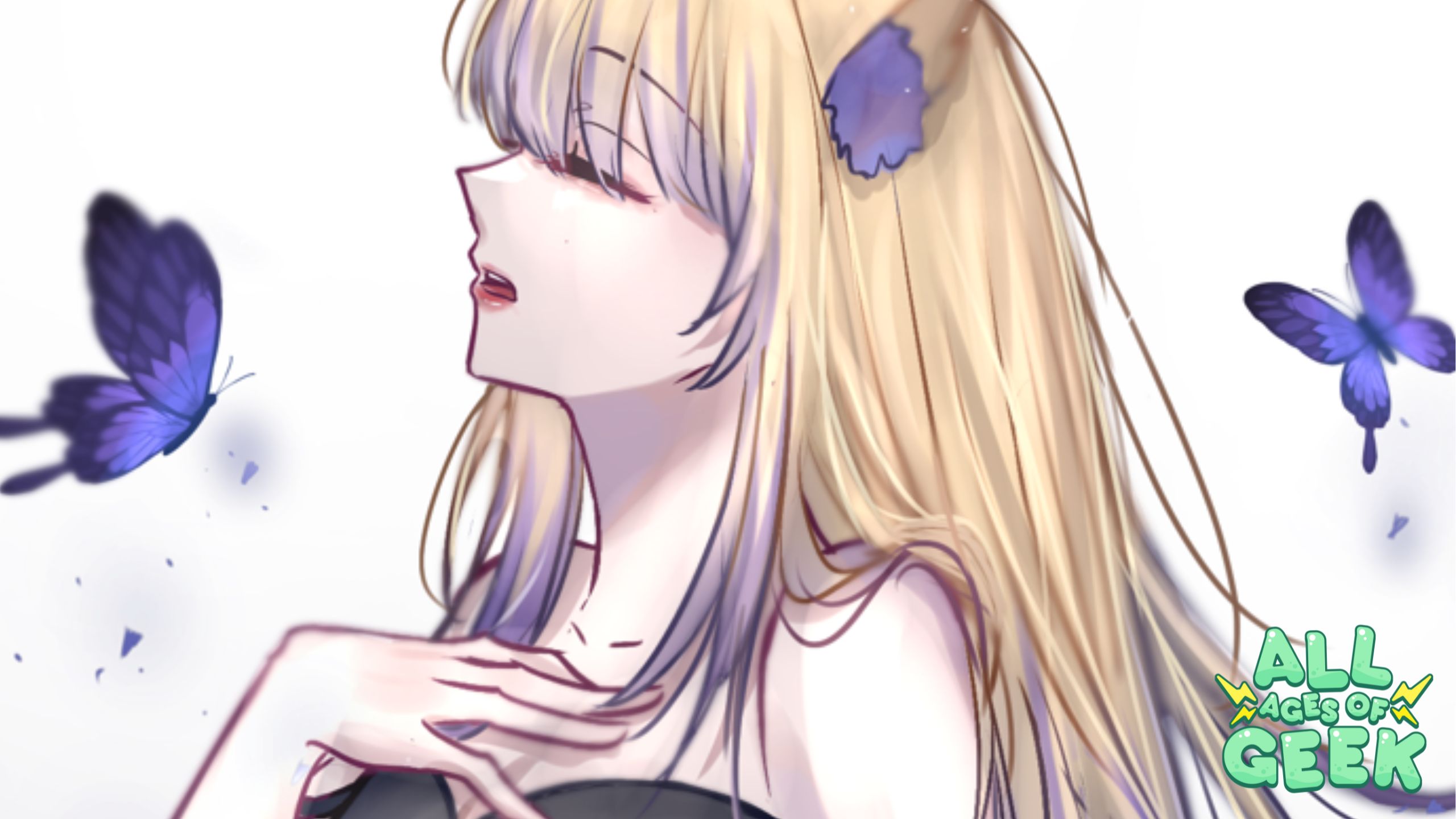 Digital artwork of a blonde anime-style girl with closed eyes and a serene expression, wearing a black outfit. She has animal ears with a blue butterfly detail on one ear. Two blue butterflies are flying around her. The All Ages of Geek logo is displayed in the bottom right corner.