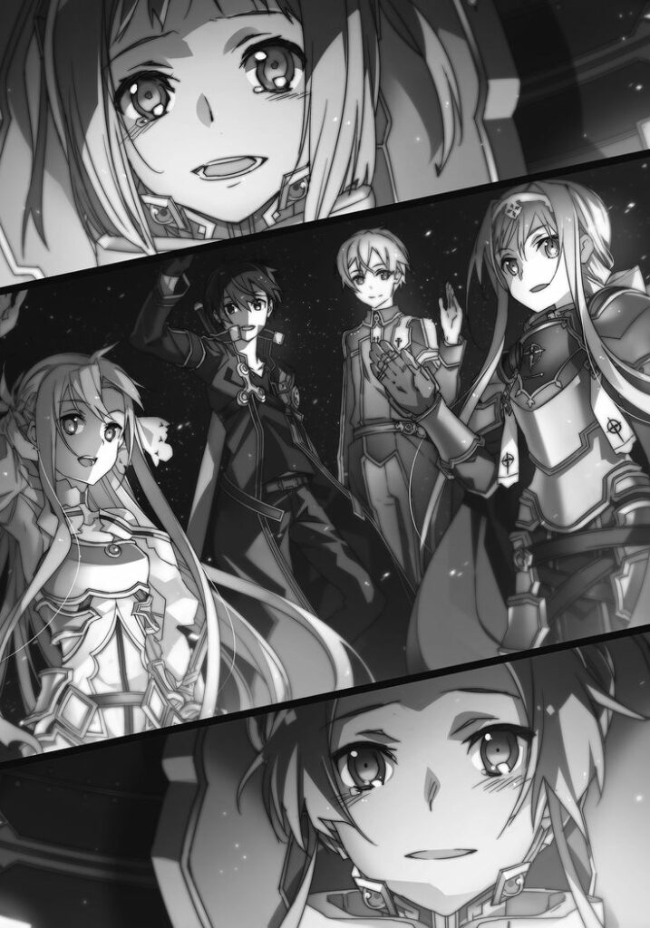 Black and white illustration from the "Sword Art Online" light novel depicting an emotional moment between the characters. The scene features multiple characters, including Kirito and Asuna, dressed in their battle gear, standing together with determined expressions. The artwork captures a sense of camaraderie and resolve, highlighting the strong bonds and intense emotions shared among the characters