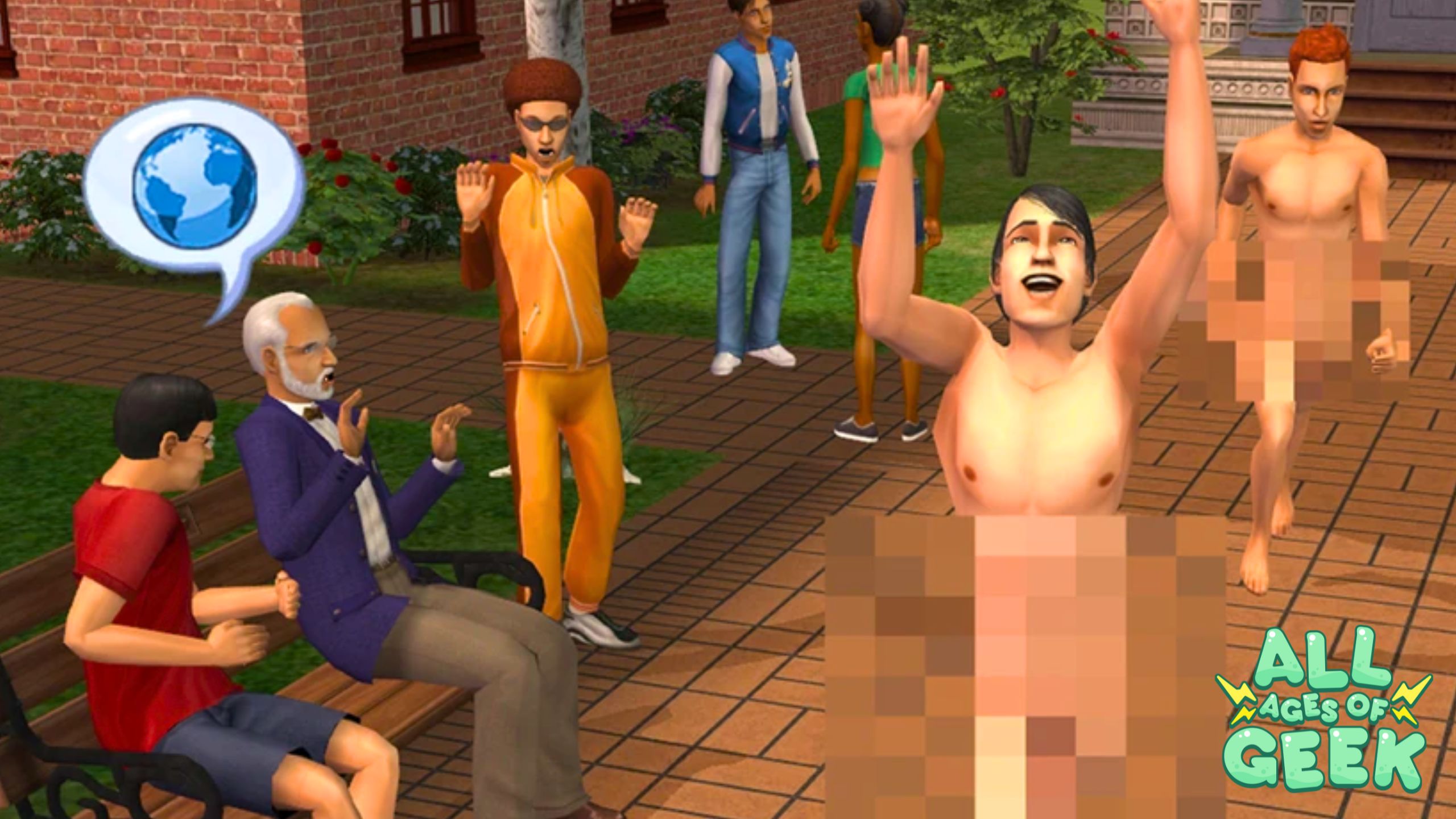 A scene from The Sims 2 game showing a humorous moment in a park. Several Sims characters are interacting, including one in a purple suit animatedly talking, a character in an orange tracksuit with a surprised expression, and two Sims streaking with pixelated censorship. The All Ages of Geek logo is visible in the bottom right corner.