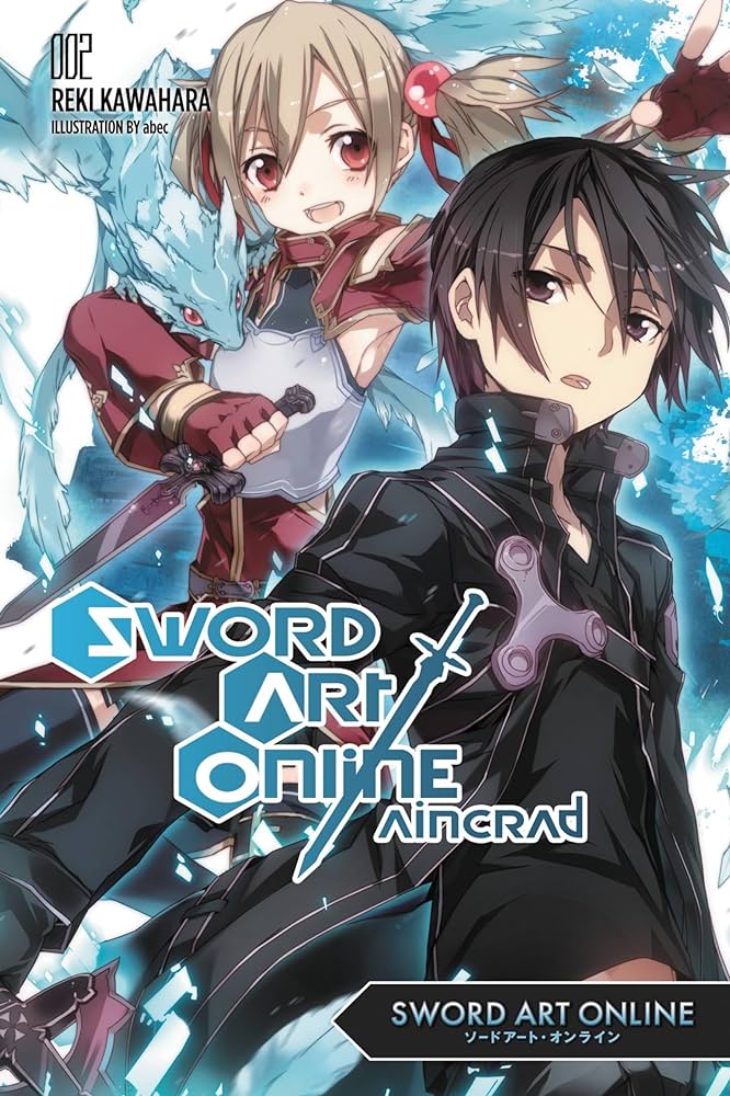 "Cover of 'Sword Art Online: Aincrad' Volume 2 by Reki Kawahara. The illustration shows Kirito, a young man with black hair in a black outfit, alongside Silica, a young girl with light brown hair in twin ponytails holding a dagger, with her dragon familiar Pina in the background. Used for the How to Write Your Own Light Novel? Article."