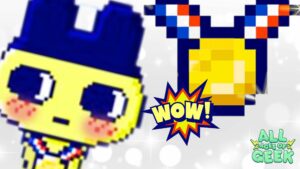 A pixelated Tamagotchi character wearing a blue hat and a gold medal with a blue and red ribbon around its neck. Next to the character is a close-up image of the gold medal accessory. The word "WOW!" is displayed in a comic-style burst near the medal. The All Ages of Geek logo is in the bottom right corner.