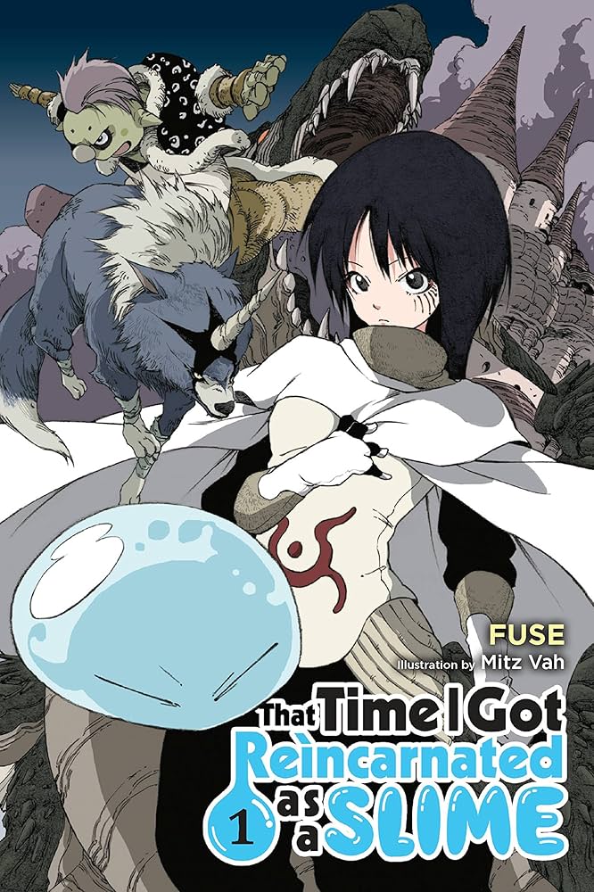 Cover of the light novel "That Time I Got Reincarnated as a Slime" Volume 1, featuring the main characters. In the foreground is Rimuru, the blue slime, with a cute expression. Behind him stands a girl with dark hair and large eyes, wearing a white outfit with a red symbol. Above her, a goblin warrior and a wolf-like creature are poised for action against a backdrop of dark, ominous towers and a night sky. The title and author information are prominently displayed at the bottom.