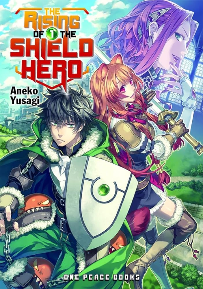 "Cover of 'The Rising of the Shield Hero' Volume 1 by Aneko Yusagi. The illustration features Naofumi, the Shield Hero, with a serious expression, holding his shield, alongside Raphtalia, a demi-human with fox-like ears, and Myne, a character with purple hair, in a fantasy setting. Used for the How to Write Your Own Light Novel? Article."