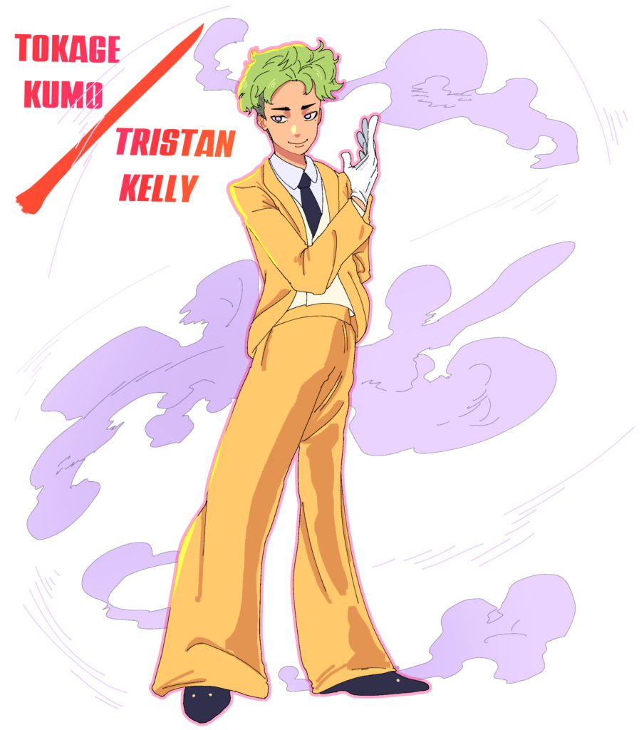 Character artwork for 'My Friends are my Strength' TTRPG featuring Tokage Kumo / Tristan Kelly. The character is shown in a confident pose, wearing a stylish yellow suit with a black tie and white gloves, against a background of swirling purple smoke effects. The character has green hair and a calm expression, highlighting the unique and charismatic personality within the game.