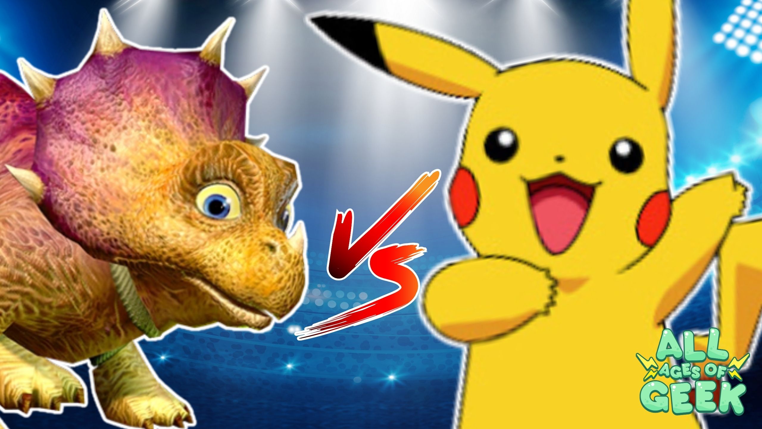 Tricky, the dinosaur from Star Fox Adventures, facing off against Pikachu from Pokémon in an arena setting with spotlights. The image features a 'VS' symbol between the two characters and the All Ages of Geek logo in the bottom right corner