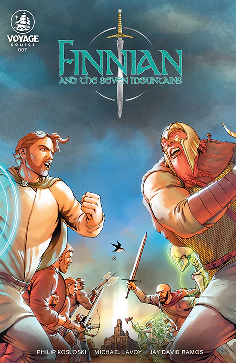 This image is the cover of the comic book titled "Finnian and the Seven Mountains," issue 007, published by Voyage Comics. The cover showcases a dynamic and intense confrontation between two central characters. On the left side, a heroic figure clad in white, likely Finnian, prepares for battle, his face filled with determination. He is facing off against a fierce and imposing warrior on the right, who is dressed in armor and wielding a large weapon, possibly a Viking or similar warrior. The background hints at a larger battle, with multiple characters engaged in combat. Above the scene, the title "Finnian and the Seven Mountains" is prominently displayed in stylized, medieval-themed lettering, with a sword hovering above it, adding to the epic atmosphere of the cover. The artwork is vibrant and action-packed, capturing the essence of an adventurous and mythical tale. Voyage focuses on Catholic comic stories.