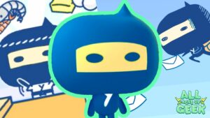 Illustration of Gozarutchi, a Tamagotchi character, depicted in a dark blue ninja suit with only his eyes visible. The background includes various ninja-themed elements, such as a shrimp and a letter, along with the All Ages of Geek logo in the bottom right corner.