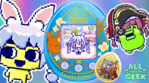 A colorful image featuring a Hololive Fantasy Tamagotchi Nano, prominently displaying the Usada Pekora edition. The Tamagotchi screen shows a pixelated character in a cozy room setting, with playful graphics and Hololive Fantasy branding. Surrounding the Tamagotchi are pixel art characters, including a pirate-themed character and a rabbit-like figure. The All Ages of Geek logo is visible in the bottom right corner. The background has a gradient of pastel colors, adding to the vibrant and playful theme of the image.