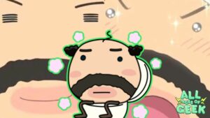 An illustration of Oyajitchi, a character from the Tamagotchi series, is featured prominently. He has a round face, thick dark mustache, small round eyes, and thin eyebrows. A tuft of hair sticks up from the top of his head. In the background, a larger, zoomed-in version of Oyajitchi's face is visible, showing different expressions. The All Ages of Geek logo is in the bottom right corner. Pink puffs of smoke surround Oyajitchi, adding a playful touch to the image.