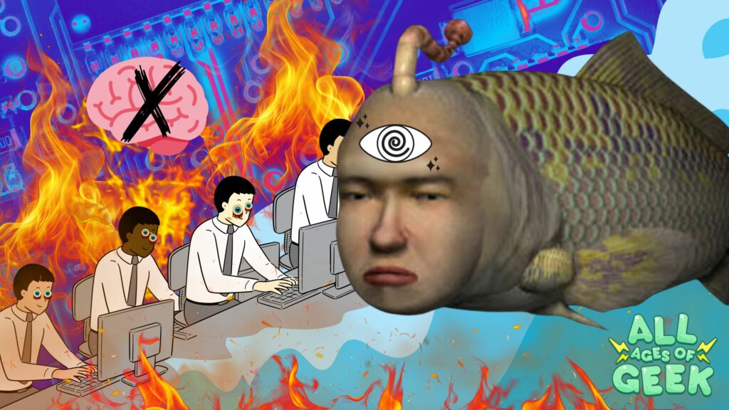 A surreal and eerie digital artwork featuring elements from the game Seaman. The image shows a humanoid fish with a human face and an eye symbol on its forehead, reminiscent of the Seaman character. In the background, there are cartoonish figures sitting at computers with unnerving, wide-eyed expressions, surrounded by flames. A crossed-out brain symbol floats above the figures, suggesting a commentary on the effects of technology. The All Ages of Geek logo is displayed in the bottom right corner. The overall scene evokes a sense of dystopian chaos and digital overload.