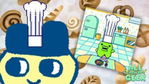 A Tamagotchi character wearing a tall white chef's hat is featured prominently on the left side of the image. The background includes various bread and pastry graphics. On the right side, there is a smaller image of a green Tamagotchi character also wearing the chef's hat, standing in a colorful kitchen with food on the counter. The "All Ages of Geek" logo is visible in the bottom right corner.