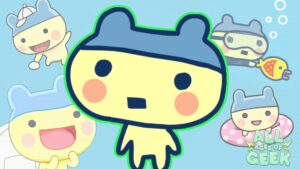 An adorable image of Young Mametchi, a small, yellow Tamagotchi character with a blue hat, surrounded by various playful scenes. He’s shown in different poses, from happily waving to swimming with a fish toy. The background is light blue, enhancing the cheerful atmosphere, with the 'All Ages of Geek' logo in the lower right corner.