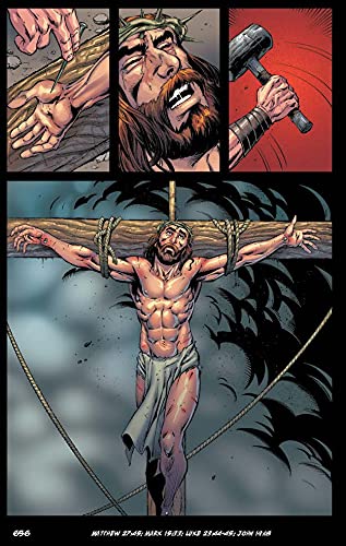 This powerful and somber image from "The Epic Bible" captures one of the most pivotal moments in Christian faith: the crucifixion of Jesus Christ. The top panels focus on the intense pain and suffering Jesus endures, highlighting the moment when the nails are driven into his hands. The expression on Jesus’ face is one of deep agony, emphasizing the physical and emotional torment he experienced.

The central image shows Jesus hanging on the cross, his body battered and his arms outstretched. The use of shadows and dark tones around the cross contrasts sharply with the lighter tones of Jesus' body, symbolizing the darkness of the moment and the significance of the sacrifice being made. The image conveys a deep sense of sorrow but also hints at the profound love and redemption that this act represents.

This depiction of the crucifixion is a stark reminder of the suffering Jesus willingly endured, making it a deeply moving and impactful part of the graphic novel. It brings the gravity of this moment in Christian history to the forefront, reminding readers of the cost of salvation and the depth of Christ’s love.