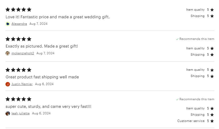 The image shows customer reviews for a product on Etsy, each rated 5 stars: Alexandra (August 7, 2024) says, "Love it! Fantastic price and made a great wedding gift." The review gives 5 stars for both item quality and shipping. mckenzieholt2 (August 7, 2024) comments, "Exactly as pictured. Made a great gift!" The reviewer also gives 5 stars for item quality and shipping and recommends the item. Justin Nemier (August 6, 2024) writes, "Great product fast shipping well made," with 5 stars for item quality and shipping. leah.juliette (August 6, 2024) says, "super cute, sturdy, and came very very fast!!!" The review gives 5 stars for item quality, shipping, and customer service, and the reviewer also recommends the item. These reviews emphasize the product's quality, fast shipping, and suitability as a gift.