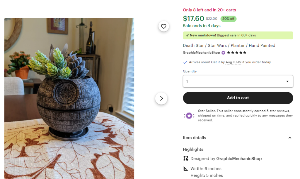 The image displays a listing for a Star Wars-themed planter designed to resemble the Death Star, available on Etsy from the shop GraphicMechanicShop. The planter is hand-painted and features succulents placed inside. The product is priced at $17.60, currently 20% off from its original price of $22.00. The listing notes that only 8 are left in stock and that the item is in over 20 carts. A green banner indicates that this is the "Biggest sale in 60+ days." The product is labeled as a "Star Seller," indicating the shop consistently receives 5-star reviews, ships on time, and quickly responds to messages. The item dimensions include a width of 6 inches and a height of 5 inches. The image also shows the planter placed on a table with a leaf-patterned tablecloth in a cozy indoor setting.