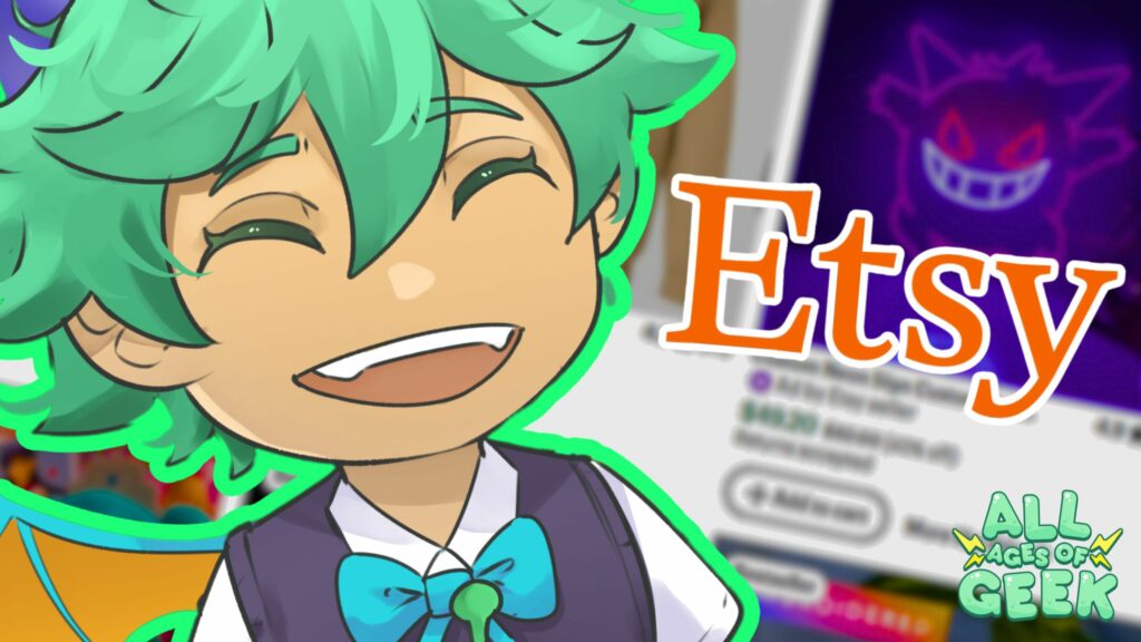 The image features an anime-style character with green hair and a cheerful expression, smiling widely. The character is outlined with a bright green glow, standing out against the background. To the right of the character, the word "Etsy" is prominently displayed in the platform's signature orange font. In the bottom right corner, the "All Ages of Geek" logo is visible. The background shows a blurred image of an Etsy product page, with a neon Gengar sign faintly visible. The overall design suggests a focus on geek culture and anime-themed products available on Etsy.