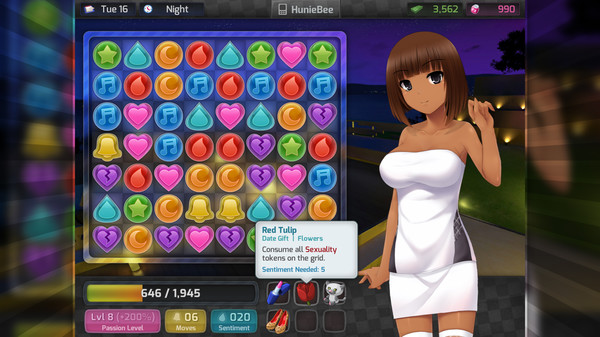 A gameplay screenshot from "HuniePop" showing a nighttime setting with a match-3 puzzle grid filled with colorful icons, such as hearts, bells, teardrops, and music notes. To the right, a character with brown hair and a white dress poses confidently. The game interface displays the player's current level, affection points, and remaining moves, while a tooltip hovers over the grid, explaining the effects of a "Red Tulip" gift item. The overall scene combines the puzzle gameplay with the dating sim's character interaction, set against a backdrop of a night sky.