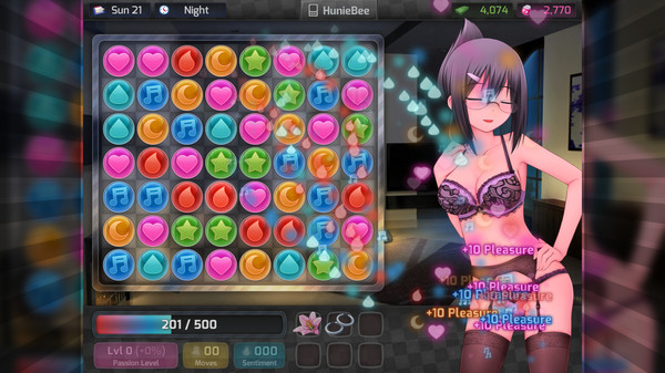 A gameplay screenshot from "HuniePop" showing a night setting with a match-3 puzzle grid filled with colorful icons, including hearts, music notes, and stars. To the right, a character with short dark hair, glasses, and wearing black lingerie, poses confidently with one hand on her hip. The game interface displays the player's current level, affection points, and other statistics, while the grid indicates the ongoing game with a focus on creating combos for points. The atmosphere of the scene blends the puzzle mechanics with the dating sim elements, capturing the game's unique blend of gameplay and character interaction.