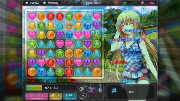 A gameplay screenshot from "HuniePop" featuring a match-3 puzzle interface filled with colorful icons, including hearts, bells, teardrops, and music notes. On the right side of the screen, a character with long blonde hair, wearing a plaid skirt and a blue top, reacts with a smile as the player accumulates affection points. The game stats at the bottom indicate the player's current level, sentiment, and moves left. The game's vibrant and playful design is on full display, highlighting its unique blend of puzzle mechanics and dating sim elements.