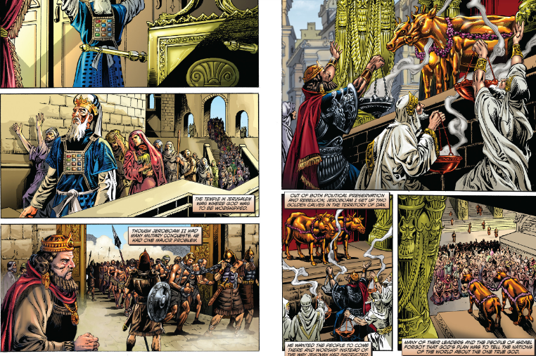 This image shifts focus to a different biblical narrative, showcasing scenes of religious and political power struggles. The left side of the image depicts the temple in Jerusalem, where a priest or prophet is leading people in worship, emphasizing the importance of maintaining faith and devotion in a sacred place. The imagery highlights the solemnity and reverence associated with temple worship in ancient Israel.

On the right, we see a stark contrast with scenes of idolatry, where a golden calf is being worshipped. This is a powerful depiction of the turning away from God to false idols, a recurring theme in the Bible that often leads to downfall and divine judgment. The panels show a king, possibly Jeroboam, who led Israel into idolatry by setting up these golden calves, urging the people to worship them instead of going to the temple in Jerusalem.

The artwork here is rich in detail, capturing the tension between true worship and idolatry. The scenes illustrate the consequences of abandoning faith and the ease with which political and spiritual leaders can lead people astray. This visual storytelling reinforces the moral and spiritual lessons found in these ancient texts, making the gravity of the choices faced by the people of Israel both clear and impactful. Author Art Ayris.