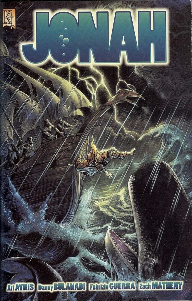 The cover of "Jonah" vividly captures the intensity and drama of one of the Bible’s most famous stories—the moment when Jonah is cast into the stormy sea. The artwork is dark and foreboding, with lightning illuminating the turbulent waves, adding to the sense of impending doom.

At the center of the image, Jonah is shown mid-air, having just been thrown overboard by the sailors on the ship. His outstretched hand and the expression on his face convey his desperation and fear as he plunges toward the ominous figure of the giant fish, which is ready to swallow him whole. The ship behind him is tossed about by the raging sea, with the sailors bracing themselves against the wind and rain, emphasizing the chaos and danger of the scene.

The use of dark blues and greens, along with the jagged lines of the waves and lightning, creates a sense of movement and turmoil, perfectly capturing the perilous situation Jonah finds himself in. The title "Jonah" is prominently displayed at the top, with the letters appearing as though they are part of the storm, further integrating the text with the overall theme of the cover.

This cover art effectively sets the tone for the story within, highlighting Jonah's struggle with obedience to God's command and the extraordinary events that follow his attempt to flee. It promises a gripping and visually powerful retelling of the prophet’s journey, making it an enticing invitation for readers to explore this biblical tale.