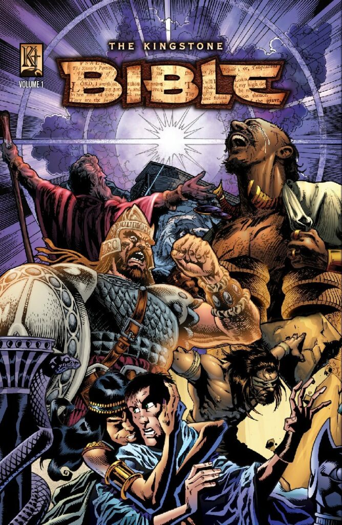 The cover of "The Kingstone Bible Volume 1" is an eye-catching and dynamic representation of the dramatic and powerful stories within the Bible. The artwork is filled with action and emotion, capturing various key biblical figures and moments in a way that emphasizes their significance and intensity.

At the top, we see Moses with his arms outstretched, likely depicting him as he parts the Red Sea or receives the Ten Commandments, symbolizing leadership and divine authority. Below him, a mighty warrior—possibly representing a figure like King David or a general from one of Israel's battles—displays strength and determination. The cover also features other intense moments, such as Samson's battle or the struggles of early believers, blending scenes of conflict, passion, and faith.

The colors are bold, with deep purples, blues, and golds adding to the sense of epic scale. The composition draws the viewer's eye to the central figures and the overarching theme of divine power and human experience.

This cover is a powerful introduction to the stories contained within, promising readers a journey through the dramatic and foundational events of the Bible, brought to life with vivid illustrations and storytelling. It's an invitation to explore the richness of biblical history through a visually engaging and action-packed format.