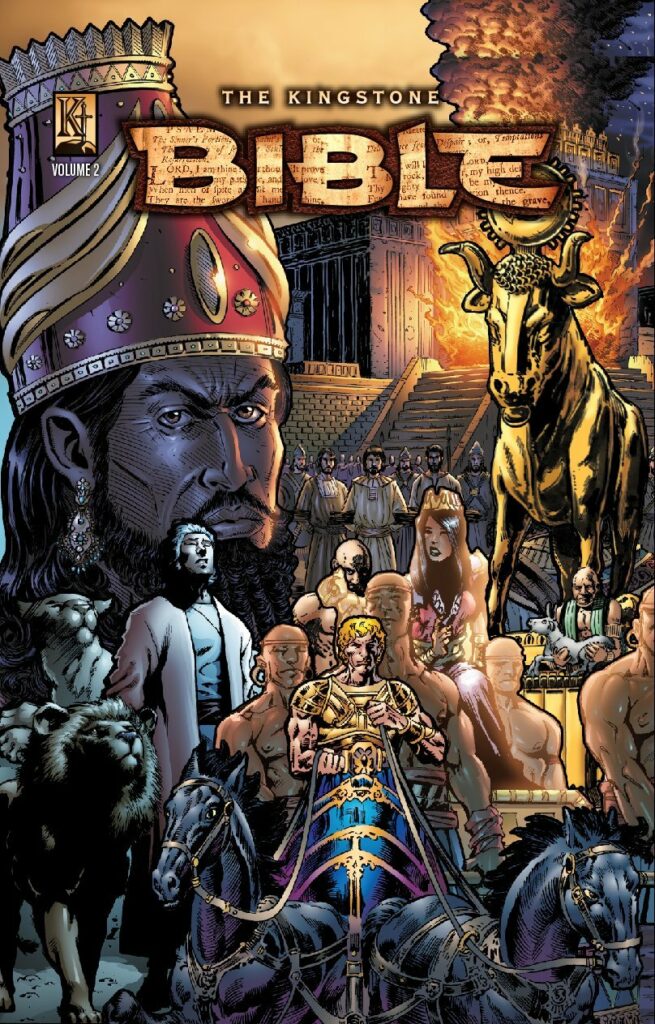 The cover of "The Kingstone Bible Volume 2" is a powerful and intense visual depiction of some of the key stories and characters from the Bible. The central figure is a king, possibly King Solomon or another prominent ruler from the Old Testament, with a stern and commanding expression that suggests authority and wisdom. His large, imposing presence dominates the cover, drawing the viewer’s attention immediately.

To the right, a golden calf stands prominently, symbolizing the idolatry that plagued the Israelites, most notably during the time of Moses when they worshipped the golden calf at Mount Sinai. The background shows a scene of worshippers, underscoring the tension between true worship and the temptation of idol worship that is a recurring theme in the Bible.

In the lower part of the cover, we see warriors and chariots, representing the battles and conflicts that are a significant part of biblical history. These figures, dressed in ornate armor and riding strong horses, reflect the might and power of the ancient kingdoms.

The colors are deep and dramatic, with a mix of dark purples, golds, and fiery oranges that create a sense of grandeur and intensity. The flames and smoke in the background add to the atmosphere of conflict and divine judgment.

Overall, this cover effectively conveys the epic and often tumultuous events depicted in the Bible, making it clear that Volume 2 continues the dramatic storytelling and vivid illustrations that characterize "The Kingstone Bible" series. It's a visual invitation to delve into the rich and complex history of the Bible's narrative.