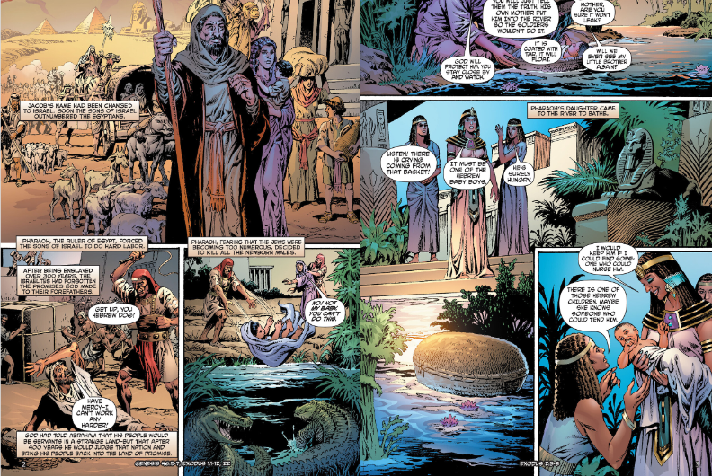 This image is a vibrant comic book-style retelling of the early story of Moses, capturing the dramatic events surrounding his birth and the peril he faced as an infant. The visual storytelling here is powerful, showing the desperation of his mother as she places him in a basket to save him from Pharaoh’s decree. The detailed artwork emphasizes the tension and hope in the story, especially as Pharaoh’s daughter finds Moses and decides to raise him as her own. This is an excellent example of how graphic novels can bring biblical narratives to life, making them accessible and engaging for readers of all ages. The use of color, expressions, and scenery all work together to immerse the reader in this pivotal moment of Moses' story. Author Art Ayris.