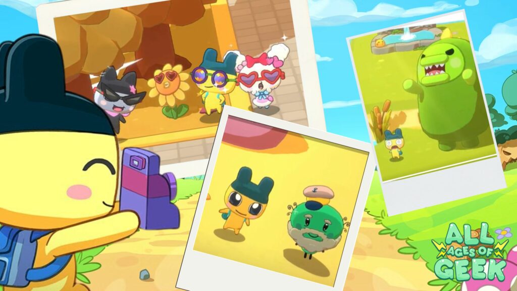 Image featuring Mametchi from Tamagotchi Adventure Kingdom using a purple camera to take photos of his friends. The photos show various Tamagotchi characters, including ones wearing sunglasses and hats, engaging in fun activities. The background is bright and colorful with a sunny outdoor setting. The All Ages of Geek logo is displayed in the bottom right corner.