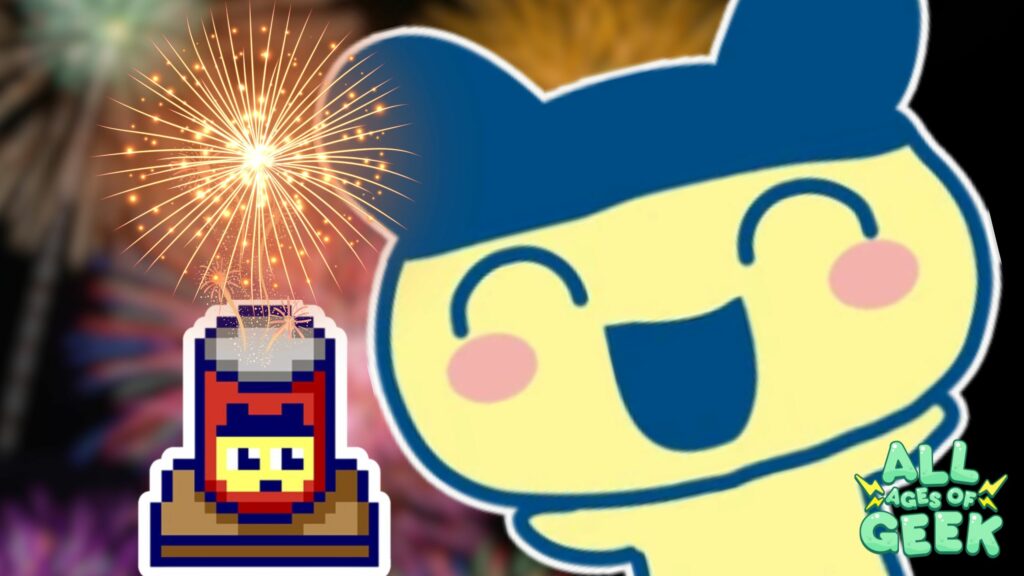 A joyful Tamagotchi character is shown against a vibrant background of fireworks. Next to the character is a pixelated icon of a fireworks item labeled 'Hanabi'. The logo of All Ages of Geek is present in the bottom right corner. The overall scene exudes excitement and celebration for the upcoming release of the 'Hanabi' fireworks item on Tamagotchi Uni.