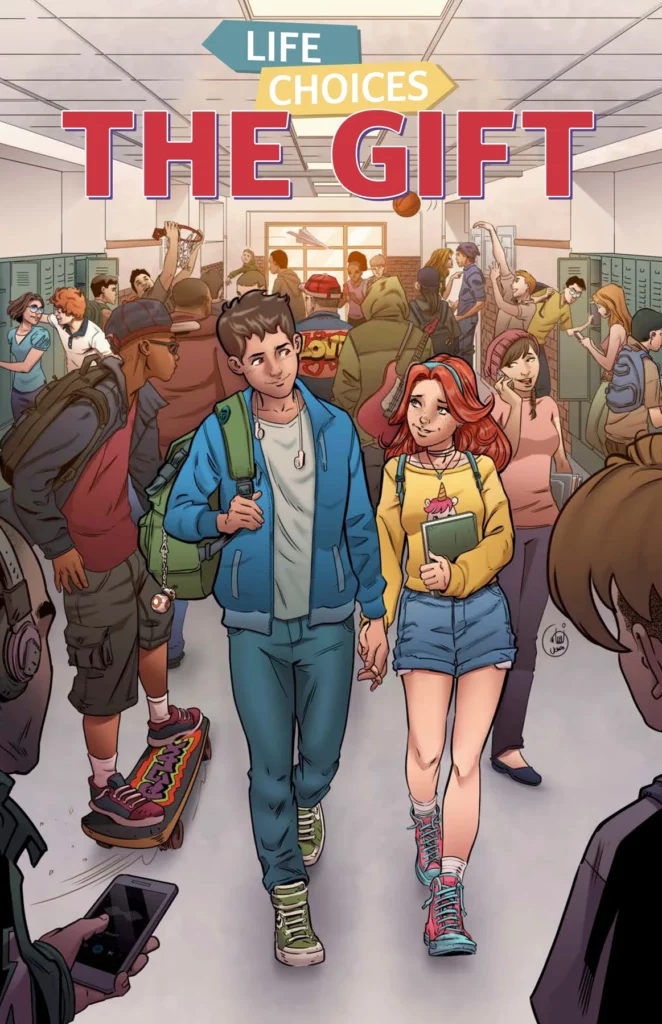 This image is the cover of "The Gift," a comic book from the "Life Choices" series. The scene is set in a bustling high school hallway, where two main characters, a young boy and girl, walk hand-in-hand, smiling at each other. The boy, wearing a blue jacket and carrying a green backpack, and the girl, dressed in a yellow top and denim shorts, seem to be the focus of the cover, standing out from the busy background filled with other students engaging in various activities. The title "The Gift" is prominently displayed at the top in bold red letters, with "Life Choices" written above it on a ribbon-like banner, indicating the theme of making important decisions in life. The artwork is vibrant and lively, capturing the energy of a typical high school setting. Voyage focuses on Catholic comic stories.