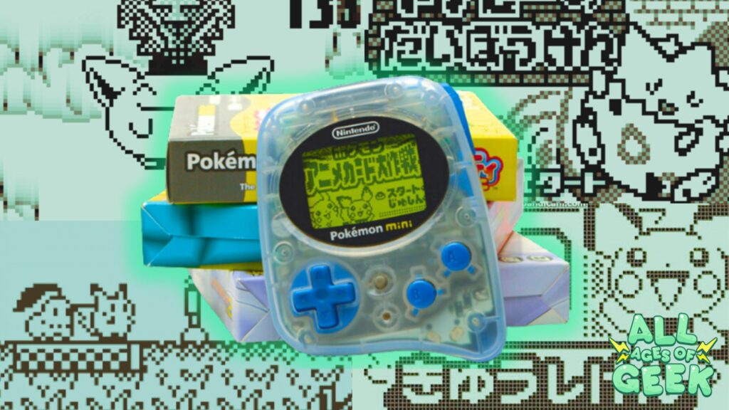 A translucent blue Pokémon Mini handheld console is featured in the foreground, displaying a pixelated game screen with Pikachu and other Pokémon in a Japanese game title. The device is placed on top of stacked Pokémon Mini game boxes, with one clearly labeled "Pokémon Mini." The background is a retro-style pixelated design featuring Pokémon characters in black and white, evoking a nostalgic 8-bit aesthetic. The "All Ages of Geek" logo is positioned in the lower right corner, branding the image as part of their content.