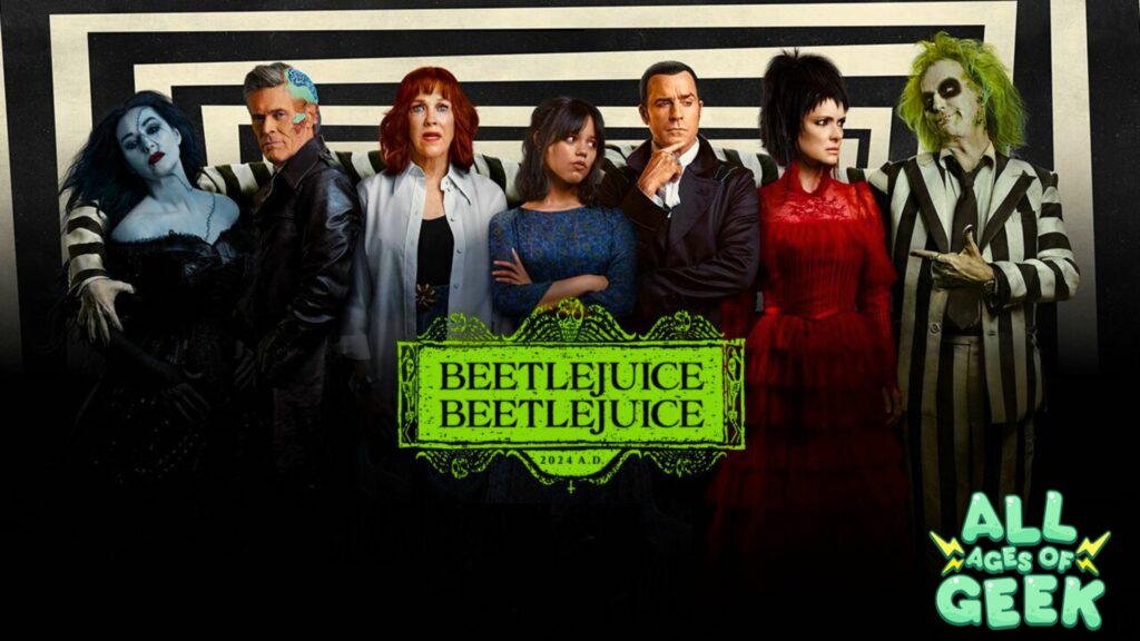 Promotional image for 'Beetlejuice Beetlejuice' featuring a lineup of characters, with a black and white striped background. The cast includes a mix of new and familiar faces, each in costume, with Beetlejuice himself at the far right, dressed in his iconic striped suit with green hair and ghoulish makeup. The 'Beetlejuice Beetlejuice' title is centered at the bottom in bold neon green with the year '2024 A.D.' displayed beneath it. The All Ages of Geek logo is in the bottom right corner