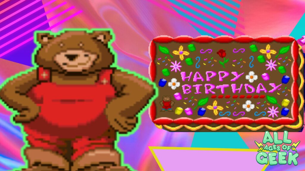 "A vibrant promotional image for Fatty Bear's Birthday Surprise featuring Fatty Bear, a pixelated brown bear wearing red overalls, standing next to a large, beautifully decorated chocolate cake. The cake is adorned with colorful icing, flowers, and a 'Happy Birthday' message. The background is a swirl of pink and purple hues with diagonal rays, adding a festive and energetic feel to the scene