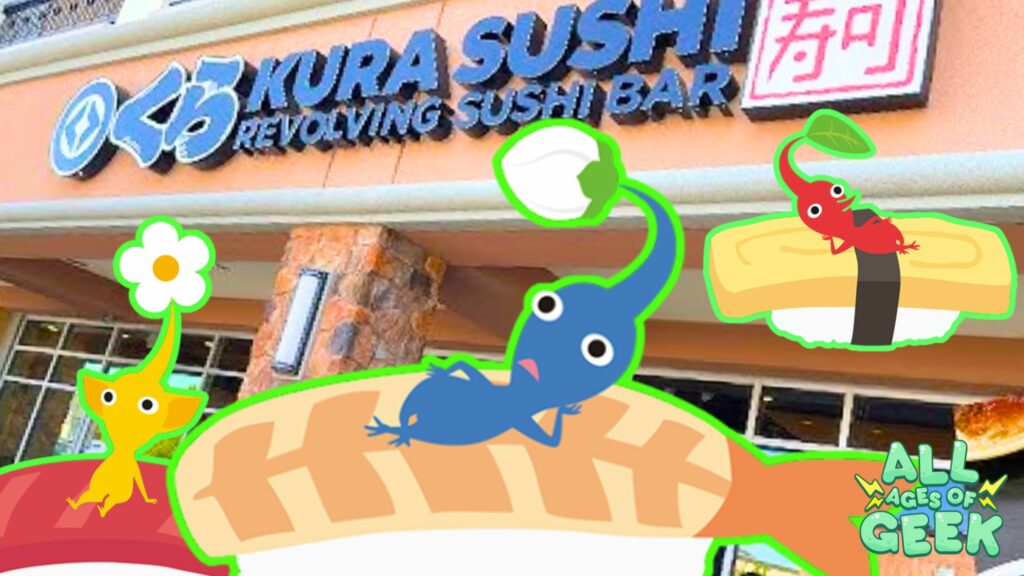 A promotional image featuring the Kura Sushi Bar logo above the entrance of one of their locations. Playful illustrations of various colored Pikmin characters are superimposed over sushi items, creating a fun and thematic fusion of the Pikmin game with the sushi bar environment. The image includes branding for "All Ages of Geek" in a corner