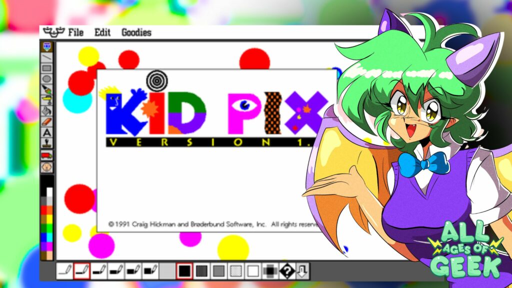 A colorful and vibrant screenshot of the classic digital art software Kid Pix Version 1 interface, featuring a playful and whimsical design with a variety of drawing tools and color palettes visible on the left. To the right, an animated character with green hair, large expressive eyes, and smiles enthusiastically, dressed in a purple and yellow outfit. The 'All Ages of Geek' logo is prominently displayed in the bottom right corner, adding a modern touch to the nostalgic scene.