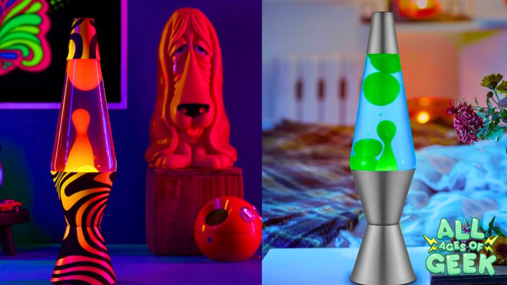 A dynamic split image showcasing two distinct LAVA lamp designs. On the left, a classic LAVA lamp with a black and orange zebra-striped base emits a warm, orange glow, placed in a vibrant room lit by neon lights with a psychedelic decor. On the right, a modern LAVA lamp with a sleek, silver base and vivid green contents illuminates a serene bedroom setting, enhancing a calm and cozy atmosphere. The 'All Ages of Geek' logo adds a playful touch to the right corner of the image, tying it back to geek culture and nostalgic elements