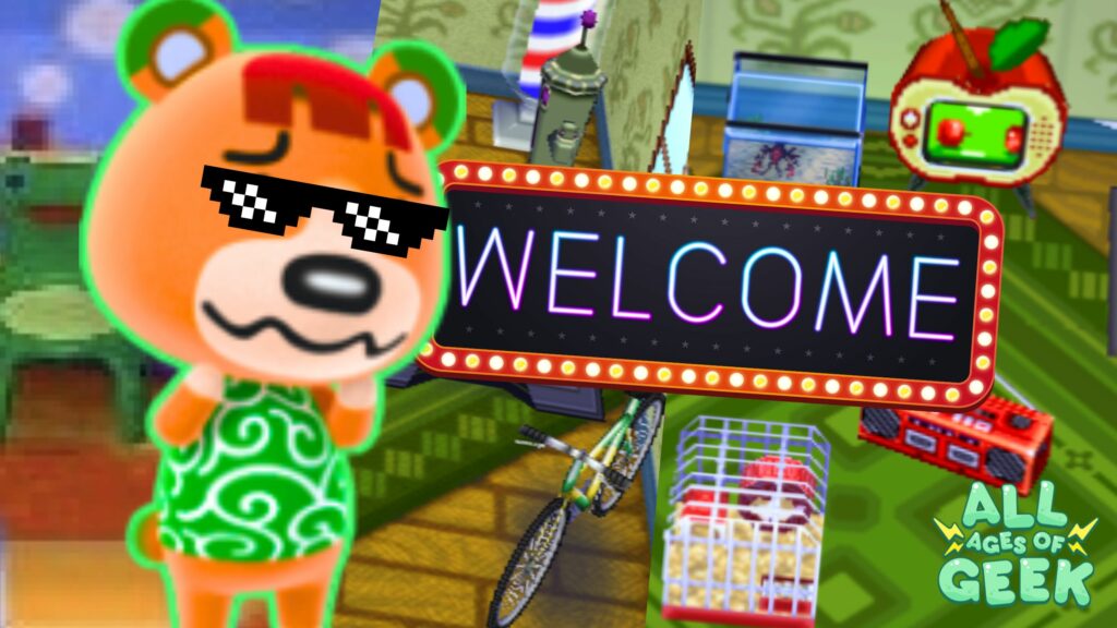 A fun and welcoming scene featuring Pudge, a character from Animal Crossing, wearing pixelated sunglasses. He stands in front of his house interior, which is filled with various colorful items like a mountain bike, a hamster cage, and a red boom box. A vibrant "WELCOME" sign with flashy lights adds to the inviting atmosphere. The logo "All Ages of Geek" is prominently displayed