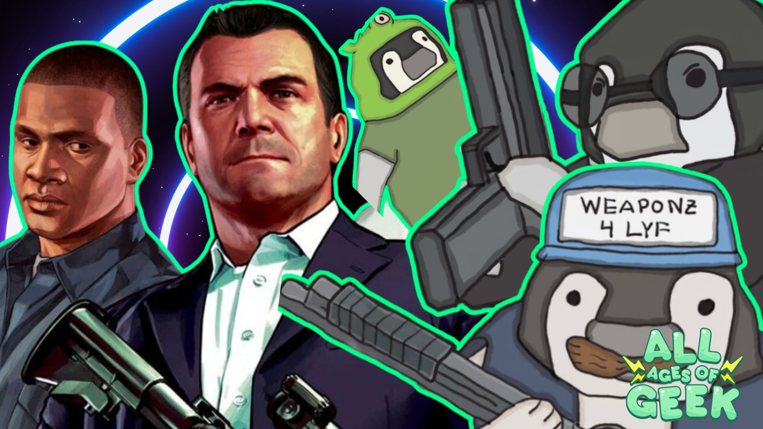 This image highlights the stark contrast between AAA games and indie games through its character design and tone. On the left, two iconic figures from Grand Theft Auto V—Franklin and Michael—stand with intense, determined looks, holding firearms that match the high-budget, realistic art style typical of AAA games. Their serious demeanor and detailed design reflect the polished, cinematic experience that big-budget games aim for. On the right, the mood shifts drastically with two cartoonish penguins, one sporting a playful "WEAPONZ 4 LYF" hat and oversized guns. These penguins, with their quirky, simplistic design, embody the charm and creativity of indie games, where humor and unconventional ideas often take center stage. The glowing neon outlines around the characters bring an arcade-style energy, emphasizing the fun and dynamic contrast between the worlds of AAA and indie gaming. The “All Ages of Geek” logo at the bottom right ties it all together, celebrating both sides of the gaming spectrum.