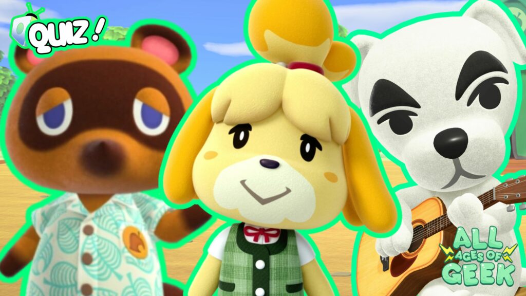 The image features three popular characters from Animal Crossing, outlined in neon green, giving it a modern, fun vibe. From left to right, the characters are Tom Nook, Isabelle, and K.K. Slider. Tom Nook is wearing his signature tropical shirt with a calm expression, Isabelle is in the center with her friendly smile and green outfit, and K.K. Slider, the white dog musician, is holding his guitar with a serious look. In the top left corner, the word "Quiz!" is stylized in bold, white letters with a green outline, and in the bottom right corner is the logo for "All Ages of Geek," featuring mint green blocky text with lightning bolt accents. The background is a sunny outdoor scene, possibly from the game, adding to the cheerful atmosphere.