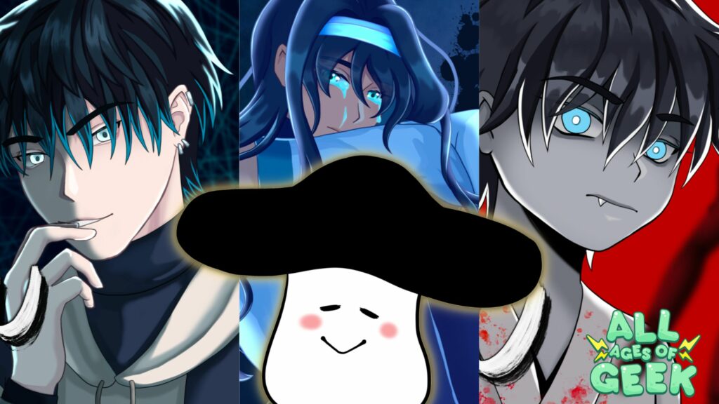 The image features three characters in an anime-inspired style. The first character on the left has dark hair with blue streaks and light eyes, wearing a thoughtful expression with their hand near their chin. The middle character has long blue hair and blue eyes, with a tear running down their face, appearing sad or emotional. In the center, there is a cute and simple, rounded white character with a large black hat, smiling softly with blushing cheeks. The third character on the right has darker tones, with black hair and white highlights, light blue eyes, and sharp teeth, suggesting they might be a vampire or a supernatural being. The background transitions from dark blue to red, and in the bottom right corner, there is the "All Ages of Geek" logo