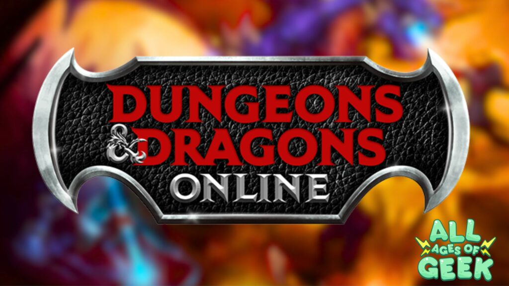 Dungeons & Dragons Online logo displayed in bold red and silver on a black textured background resembling a shield. The backdrop features a blurred, colorful scene with hints of characters and action. The All Ages of Geek logo is visible in the bottom-right corner