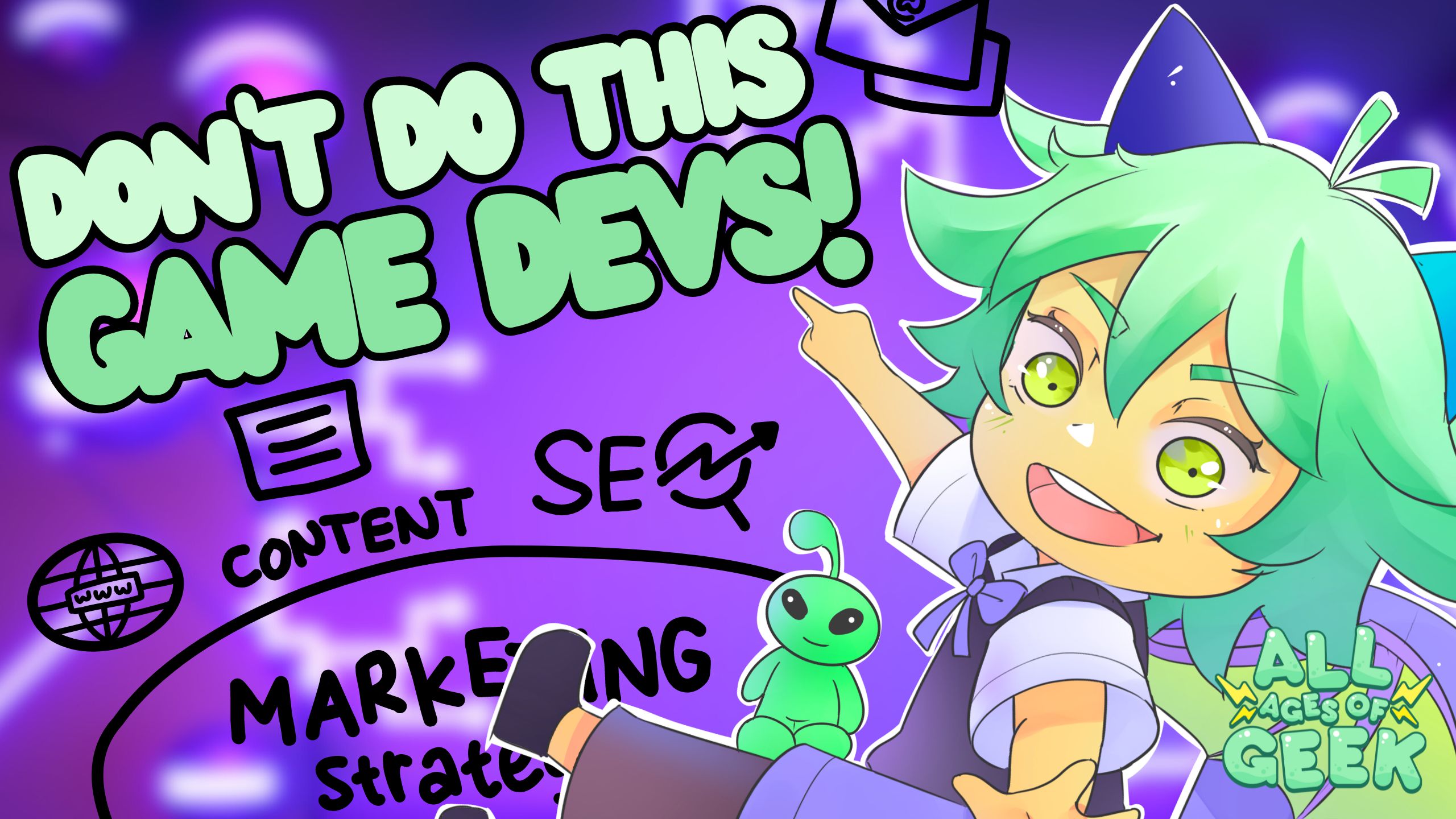 This vibrant image features a chibi-style character with green hair, bright eyes, and a playful expression, pointing towards a large, bold text that reads: “DON’T DO THIS GAME DEVS!” The character, dressed in a bow tie and vest, has an energetic pose, emphasizing the warning or advice aimed at game developers. The background is a mix of purple and pink hues, giving off an eye-catching and dynamic vibe. Around the main text, there are various doodles and icons related to marketing, such as the words “CONTENT,” “SEO,” and “MARKETING Strategy,” as well as symbols like a webpage icon and arrows indicating growth or strategy. These elements reinforce the theme of the image, which seems to focus on guiding game developers on what to avoid in their marketing strategies. In the bottom right corner, the “All Ages of Geek” logo ties this image to its source, indicating that the advice or warning comes from a platform known for discussing geek culture and gaming. The overall mood of the image is fun, direct, and educational, using the character’s upbeat demeanor to deliver an important message in a playful way.