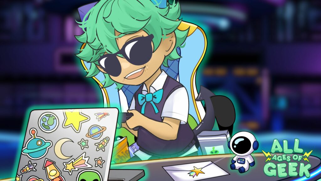 This image depicts a fun, animated character with green hair and wearing sunglasses, sitting at a desk with a laptop. The character is styled in a cute, chibi art form, which adds a playful vibe to the scene. The laptop is decorated with colorful space-themed stickers, featuring planets, rockets, and stars, suggesting a love for space or geek culture. The background is a blurred-out, techy or futuristic space, with the character likely representing someone who is involved in the gaming or geek culture industry—perhaps a content creator or micro-influencer. The character's confident smile and shades give them a cool, laid-back attitude, while their outfit—a vest, bow tie, and rolled-up sleeves—hints at a mix of casual and professional vibes. On the desk, there’s a small robot figure and a piece of paper with a star drawn on it, adding more of that fun, quirky energy. The “All Ages of Geek” logo in the corner solidifies that this image is connected to geek culture, indie games, or gaming content creation. The overall aesthetic is bright, fun, and inviting, appealing to an audience of gamers or tech-savvy viewers.