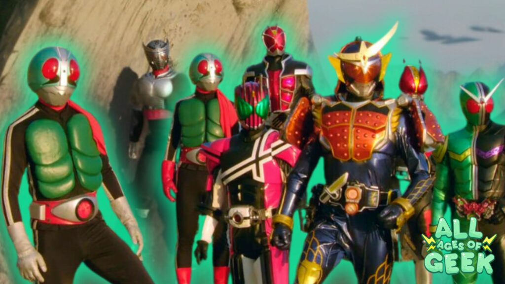 A group of Kamen Riders from both the Showa and Heisei eras, highlighted by a green aura, standing together in a unified pose. The lineup includes classic Riders such as Kamen Rider 1 with his green chest armor and red scarf, alongside modern Riders like Kamen Rider Decade, Kamen Rider Gaim, and Kamen Rider W. Each Rider sports their iconic, unique armor in vibrant colors. The "All Ages of Geek" logo is visible in the lower right corner of the image, marking this as part of their content. The background shows rocky cliffs, adding a dramatic setting to the gathering of heroes.