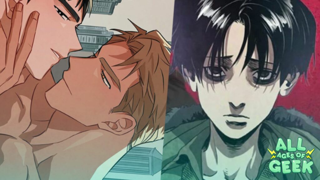 The image contains two distinct panels. On the left, there's a scene depicting an intimate moment between two male characters, a typical theme in yaoi or BL (Boys' Love) manhwa. The top character has short black hair and a confident, smirking expression as he gently holds the face of the other character. The character beneath has light brown hair and is gazing up with a soft, inviting look, suggesting a moment of closeness and romance. On the right, the mood shifts dramatically with a grayscale drawing of a young man with dark, unkempt hair and a somber, weary expression. The background is a muted red, which adds a melancholic or intense vibe to the scene. The logo of "All Ages of Geek" is present in the bottom right corner, indicating that this might be part of their content or recommendations.