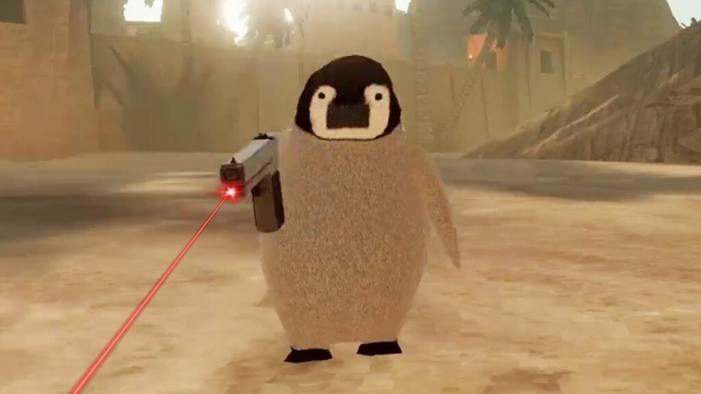 This image shows an adorable yet fierce penguin holding a pistol with a laser sight, set in what appears to be a desert or ancient ruins environment. The penguin is small and fuzzy, contrasting sharply with the deadly weapon it’s wielding, which adds a layer of humor to the scene. The penguin’s blank expression combined with the laser from the gun makes the situation feel both ridiculous and intense, as if this little penguin means serious business.

The background features sand, stone buildings, and palm trees, suggesting an arid, possibly combat-filled environment, possibly referencing an indie game where players engage in heist or combat scenarios. The whole scene has a playful, absurdist vibe, mixing the cute and the deadly in a way that's both funny and unexpectedly cool.