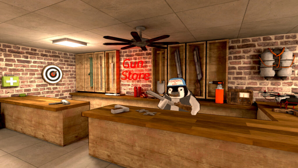 This image shows a quirky, humorous setting: a gun store run by a penguin character, presumably from an indie game. The penguin, wearing a hat labeled “WEAPONZ 4 LYF,” is standing behind the counter holding a large firearm, adding to the playful and absurd vibe. The store itself is rustic with wooden counters and brick walls, with various weapons on display, including shotguns, rifles, and some explosives mounted on the wall.

The store has a minimalist yet cartoony aesthetic, with a large red neon sign reading “Gun Store” on the back wall. There's a target sign and some health-related items, like a first-aid kit, suggesting this is more than just a gun shop—it could be a stop for supplies before heading into a heist or mission.

The atmosphere is light-hearted and fun, leaning into the humor of a penguin running a weapon shop, which contrasts with the serious nature of typical in-game gun stores, blending the ridiculous with the functional in this indie game setting.