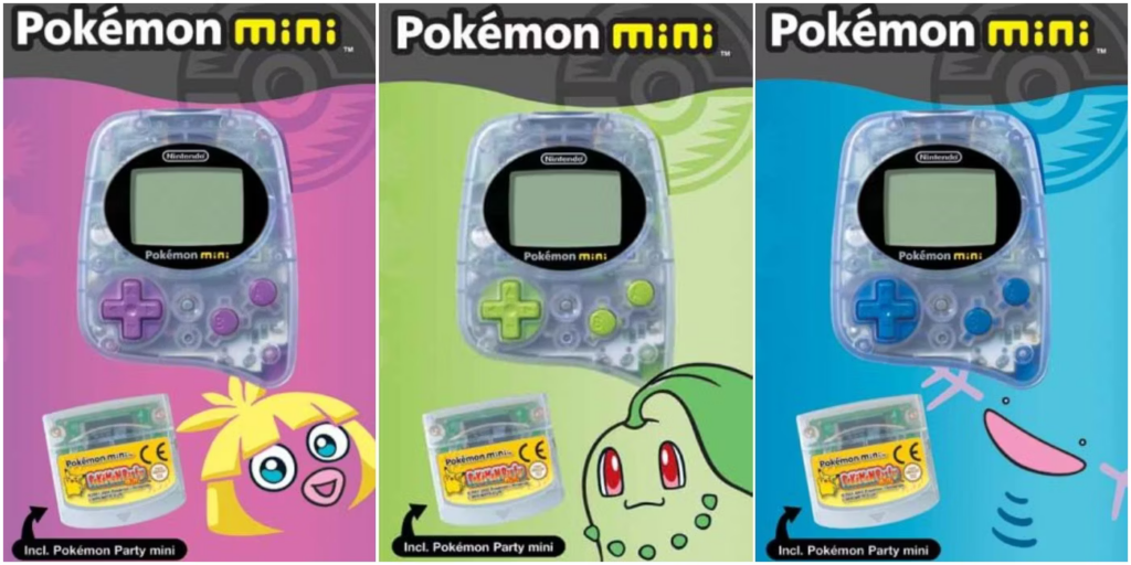 Three variations of the Pokémon Mini handheld console are displayed, each in a different translucent color: purple, green, and blue. The purple version comes with a D-pad and buttons in matching shades, while the green and blue versions follow the same color scheme for their respective buttons. Each box includes a copy of Pokémon Party Mini as the featured game. The packaging highlights popular Pokémon characters, with the purple featuring Smoochum, the green featuring Chikorita, and the blue featuring Wooper, adding a fun, themed element to each console design.